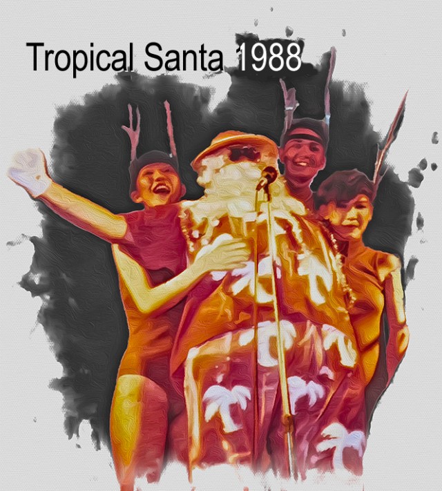 Santa Claus wearing an old man's bathing outfit